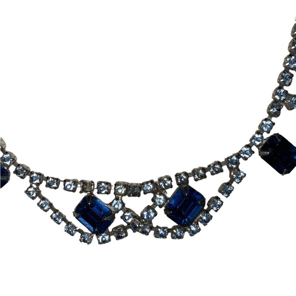 Vintage Royal Blue & Light blue Rhinestone Necklace Silver Tone - Picture 3 of 7